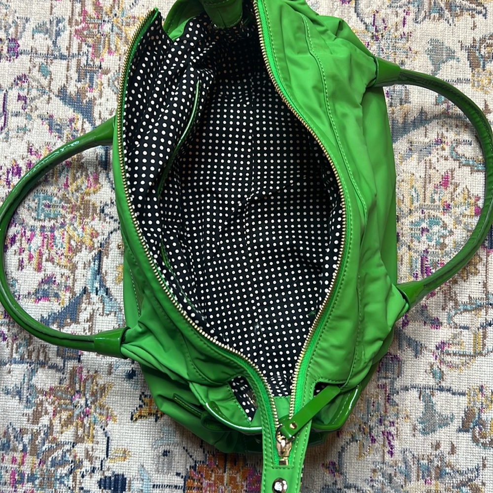 Vintage Kate Spade Stevie Green Nylon and Patent Leather Satchel Handbag - Picture 9 of 16